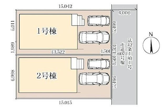 【全体区画図】閑静な住宅地☆駐車スペースは２台分（車種により）♪
空いたスペースは駐輪場としてもお使いいただけます◎