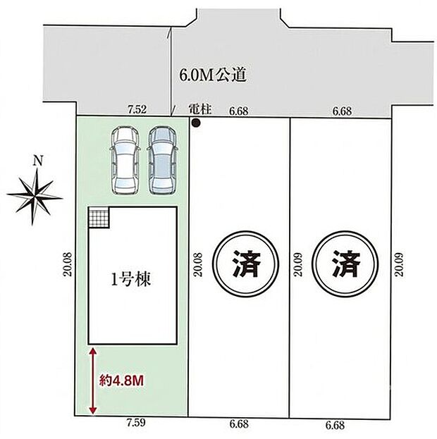 【全体区画図】最終1棟☆閑静な住宅地☆
カースペースは並列2台分ご用意!空いたスペースは駐輪場としてもお使いいただけます◎
南側約4.8mの明るいお庭スペースもあり、ガーデニングやお子様の遊び場としても活用できます