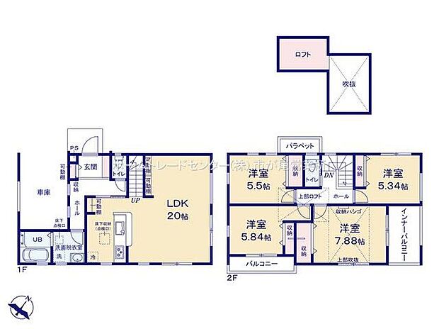 【4LDK】玄関近くに洗面室、帰宅後すぐ手が洗えます♪
LDKは広々２０帖、人気の対面式キッチン＆リビングイン階段☆
全居室２面採光＆収納完備しております！ロフトございます！
２面バルコニー☆