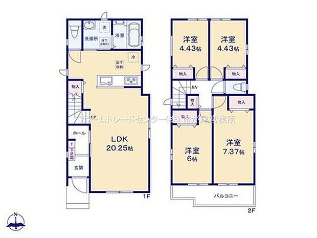 【4LDK】LDKは広々２０．２５帖、人気の対面式キッチン＆リビングイン階段採用！
水回りを集約、機能的な家事動線♪
全居室２面採光＆収納完備しております☆
２部屋より出入り可能、ワイドバルコニー♪