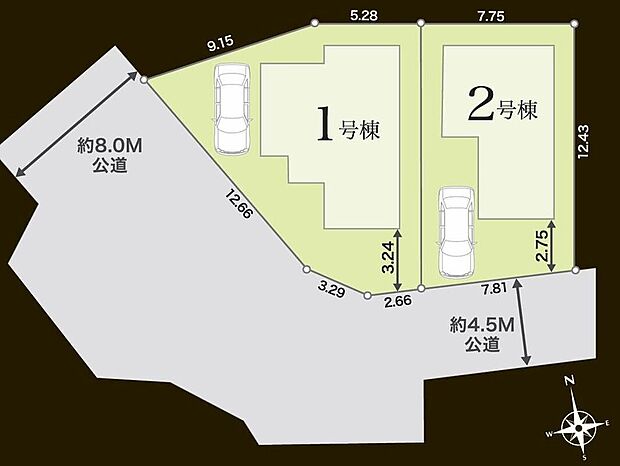 【全体区画図】限定２棟　新築分譲住宅☆
南４．５ｍ公道、南西８．０ｍ公道に面します。明るく開放感溢れる角地です♪