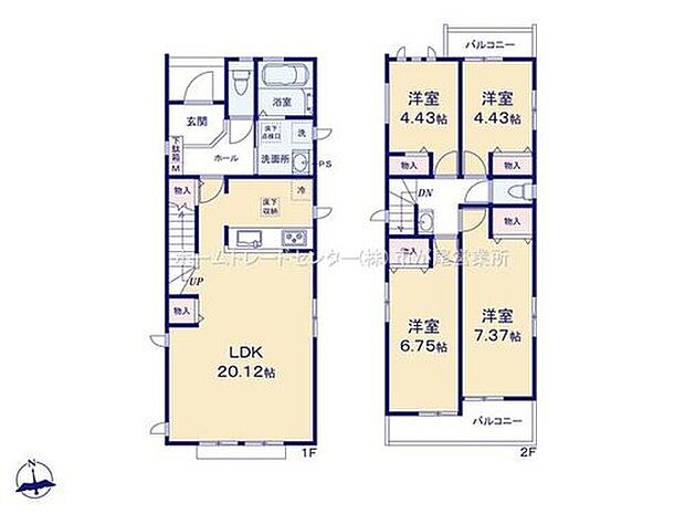【4LDK】玄関近くに洗面所、帰宅後すぐに手が洗えます♪
LDKは広々２０．１２帖、人気の対面式キッチン＆リビングイン階段☆
全居室２面採光＆収納完備♪
２部屋より出入り可能、ワイドバルコニー！
２面バルコニー☆