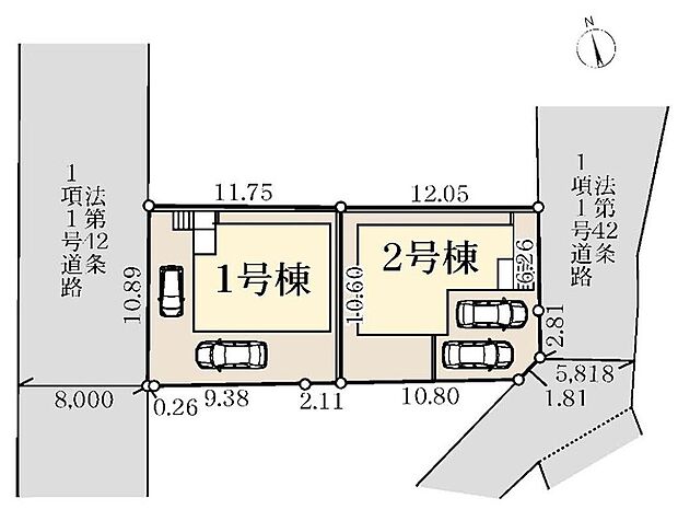 【全体区画図】限定２棟　新築分譲住宅です！
西側８ｍ公道、東側５．１ｍ公道に面します。