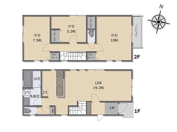【3LDK】対面式キッチン＋リビングイン階段採用！家族との会話が自然と増える間取♪
水回り集中設計で家事導線がスムーズです♪
１０帖主寝室、他５.５帖、７.５帖とゆとりがあり子供部屋にもゆとりがあります！