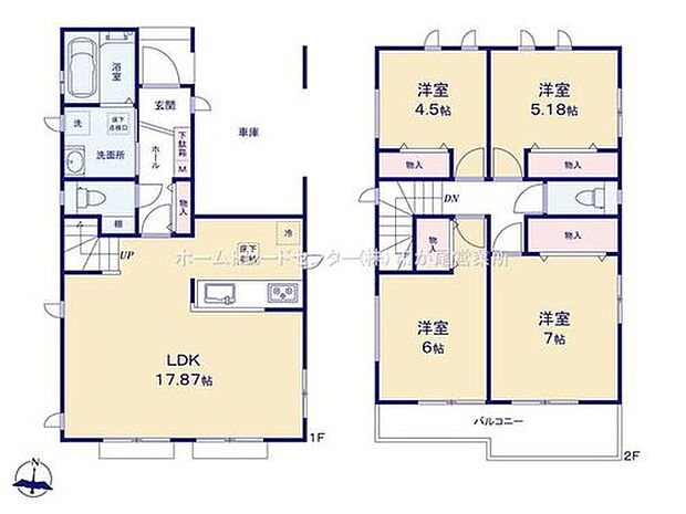【4LDK】玄関近くに洗面所、帰宅後すぐに手が洗えます♪
LDKはゆとりの17.87帖、人気の対面式キッチン&リビングイン階段☆
全居室2面採光&収納完備♪
2部屋より出入り可能、ワイドバルコニー!