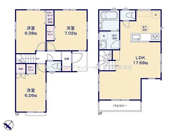 【3LDK】全居室6帖以上!全居室2面採光&収納完備しております☆
LDKはゆとりの17.68帖、人気の対面式キッチン採用♪
水回りを集約させた、効率的な家事動線☆
広々としたバルコニー設置!