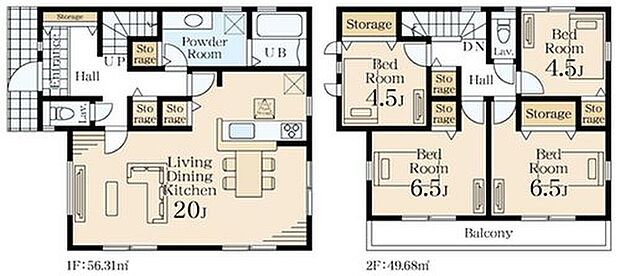【4LDK】LDKは広々20帖、人気の対面式キッチン採用!
水回りを集約させた、効率的な家事動線♪
全居室に収納完備!
2部屋より出入り可能、ワイドバルコニー☆