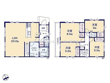 LDKは広々２０．２帖♪人気の対面式キッチン＆リビングイン階段採用♪
水回りを集約、効率的な家事動線！
主寝室は広々８．５帖！全居室２面採光＆収納完備！
２部屋より出入り可能、ワイドバルコニー☆ 