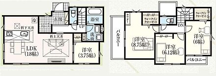 玄関シューズインクローク有！
LDKは広々１８帖、人気の対面式キッチン採用☆
全居室に収納完備！ウォークインクローゼット２か所！
２階居室は全室６帖以上♪主寝室は広々８．７５帖♪
２面バルコニー☆ 