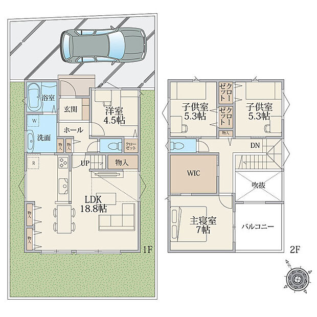 建物プラン例(区画5)4LDK、土地面積129.29m2、建物面積106.4m2