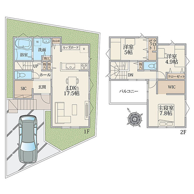 建物プラン例(プラン例)3LDK、土地面積108.73m2、建物面積94.82m2