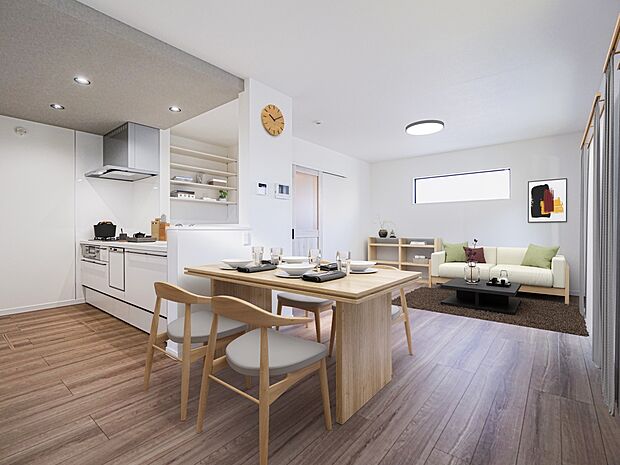 LDK（３号棟）キッチン前カウンターを設け家族の勉強や趣味・仕事のスペースに便利です。会話をしながらお料理ができます♪※家具はCG合成のためイメージになります。