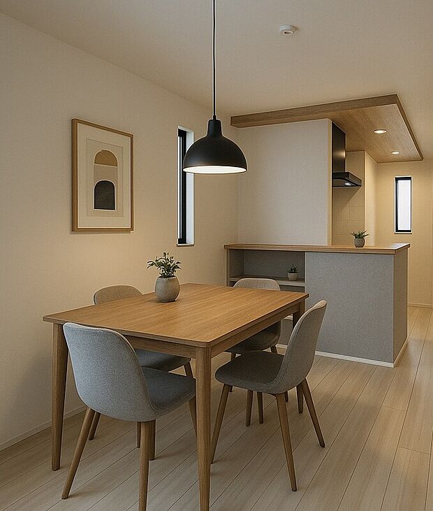 【【2階約17.9帖LDK】】リビングスルー階段はダイニングやキッチンの西側に配置しています。2階～1階をつなぐ階段の降り口には引戸を設けることで、転落防止や空調効率がUP！/内観パース