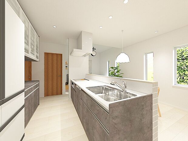 キッチンから居住空間の様子が見えるので、小さいお子様のいるご家庭も見守りながら家事ができて安心。(イメージパース)