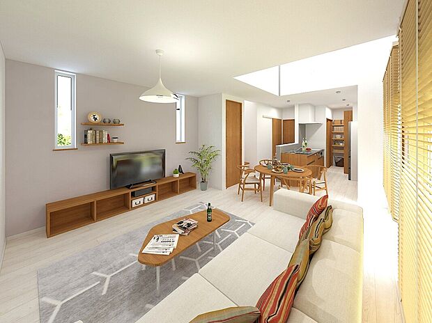 リビングは家具を置いてもゆとりのある空間になります。自然と家族が集まる空間になりますね。(イメージパース)