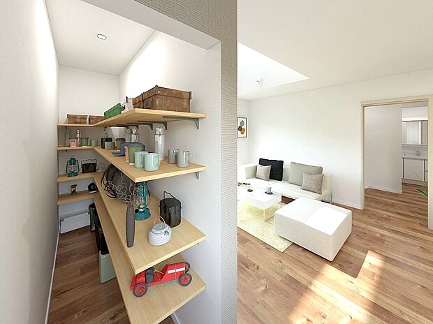 【(C号棟)完成予想図】◇リビングに設置された収納スペース。大容量なので買いだめした食料や生活雑貨などもスッキリ片付きます。(イメージパース)