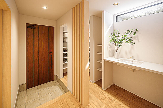 【【イメージパース】】玄関から洗面台がすぐ近くにあるので、子どもが部活動から帰ってきてすぐに手洗いができま