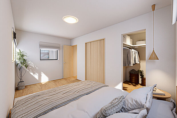 【【イメージパース】】主寝室を清潔にすっきりとお使いいただくために、大容量のWICを設置。家族でお使いいただいても余裕の収納量です