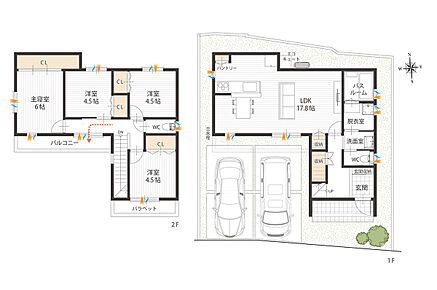 ◎玄関から直接2階へ向かうこともできるホール階段仕様。来客時にリビングを取らず2階へ案内でき、1階ホールやリビングに階段下スペースを利用した収納を配置しています。
◎洗面室と脱衣室を別々に。帰宅時に手洗いがしやすく、ご家族が入浴中でも洗面台を使うことができます。
◎LDKは約17.8帖。コミュニケーションを育む対面キッチン仕様です。
◎2階4洋室は全室振り分けタイプ×CL付き。プライベートな時間も充実します。
◎2階バルコニーは明るい南向き。ホールから直接出入りが可能です。 
