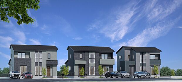 シンプルモダンな外観は、飽きのこないダークトーンな外壁も人気!60坪超のゆったりした敷地は車2台駐車可能。日当たりも良く、心地良い陽射しが降り注ぎます。