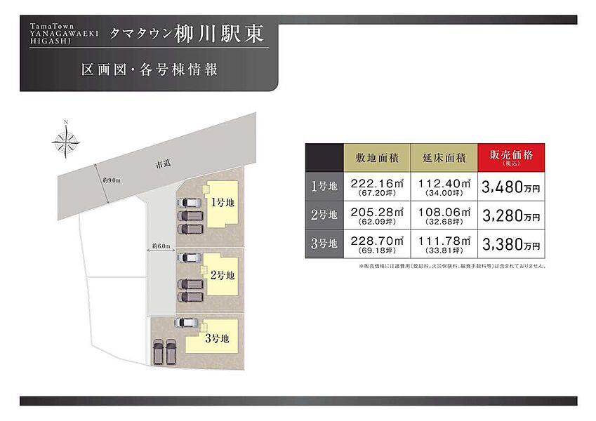 【区画図】
前面道路幅にゆとりがあり、車の駐車時にも安心の広さです。各区画60坪以上で、駐車スペースも3台以上確保しています。