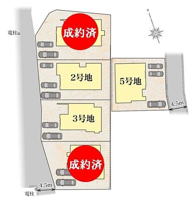 【全体区画図】全5区画の分譲地。約52坪以上のゆとりの敷地には、駐車2台以上のスペースを確保しています。