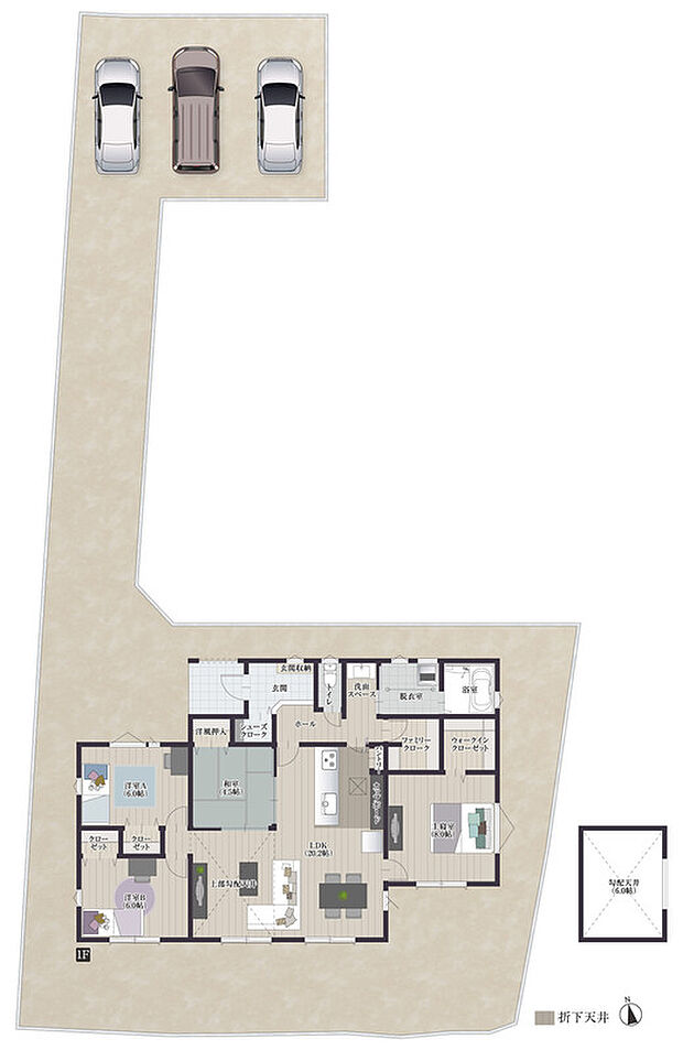 【2号地】
LDKは20.2帖のゆとりある広さ!勾配天井とすることで空間に奥行きを生み、開放感を演出します。必ずリビングを通る生活動線なので、家族のコミュニケーションも増えるプランです♪