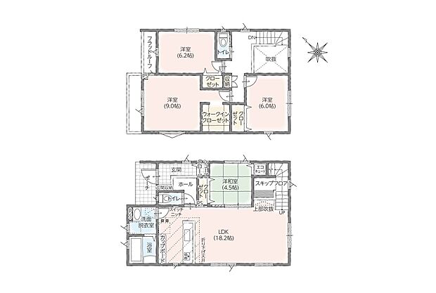 間取図:2階建ての4LDKプラン。LDK18.2帖に続く4.5帖和室、1階に水回り集中。2階は9.0帖含む洋室3室とウォークインクローゼットで収納充実。家族の暮らしに配慮した動線を実現。