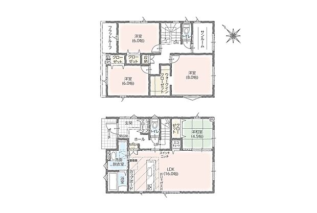 間取図:4LDKプラン。1階に16帖LDKと4.5帖和室、浴室・洗面・収納を効率良く配置。2階は8帖主寝室と6帖洋室2室、ウォークインクローゼットで収納に配慮した設計です。