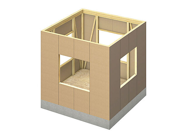 【耐力面材【あんしん】】筋交をバランスよく配置し、接合性能と強度の高い構造用耐力面材を土台や柱、梁へ直接張ることにより、地震や暴風に対する強度がアップする「耐力面材」。外部からの力を建物全体へ分散させ、高い耐震性を確保します。
