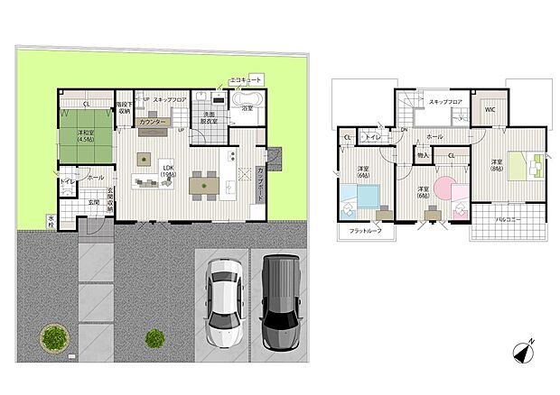 【4LDK】リビング19畳は、和室とつなげると23.5畳の大空間に。家族の笑顔が集まる場所に。スキップフロアの上部は吹き抜けとなっており、家全体につながりを感じられる造り。