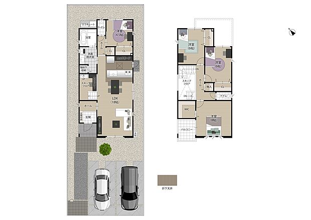 【4LDK】広々とした洗面脱衣室には階段下収納を配置し、洗剤のストックや掃除道具の収納に便利です。各部屋に設けられたクローゼットなど豊富な収納スペースが魅力です。