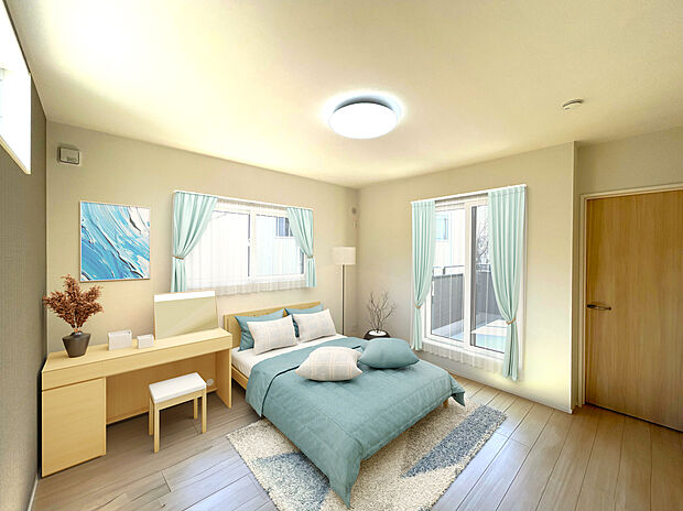 【主寝室】木の温もりが感じられる優しい印象の寝室。大きなベッドも置ける広さがあり、大きな窓が開放感と抜け感をプラス♪