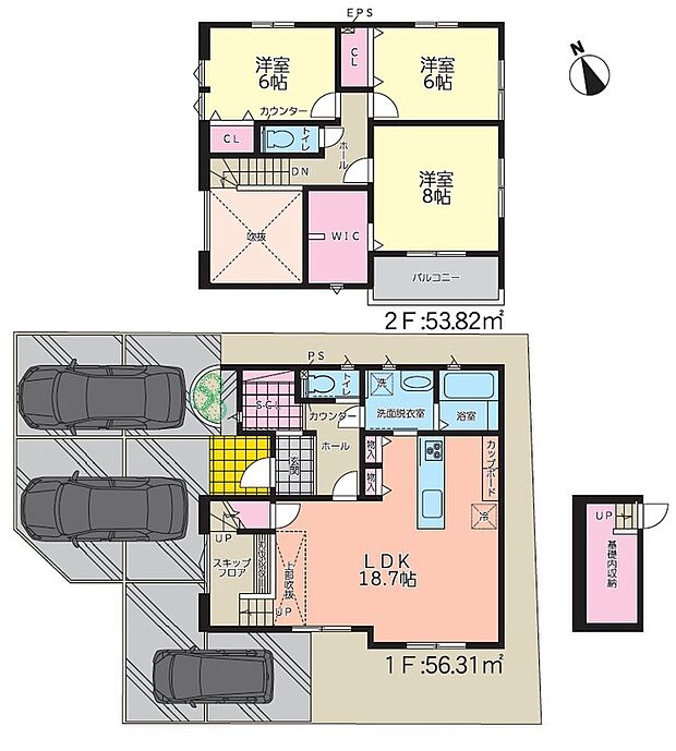 【3LDK】18 帖のLDK＆スキップフロアで開放感抜群の家
将来の暮らしにも対応できる間取りです。各居室にクローゼットも完備しており、子供が成長しても快適に過ごせる環境を提供します♪