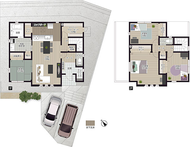 【4LDK】【ファミリークロークのある家】
・LDK18帖
・ファミリークローク3帖
・洗面脱衣室3帖
・多目的カウンター
・収納（シューズクローク、パントリー、階段下、リネン庫）
