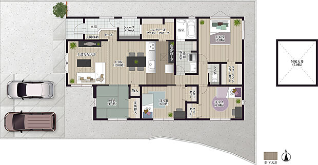 【4LDK】【シューズクロークからファミクロを通ってキッチンにつながる動線の家】
・LDK19帖
・リビングは勾配天井で開放的
・洋室(8帖、6帖、6帖)、和室4.5帖
・収納(シューズクローク、パントリー、ファミクロ)