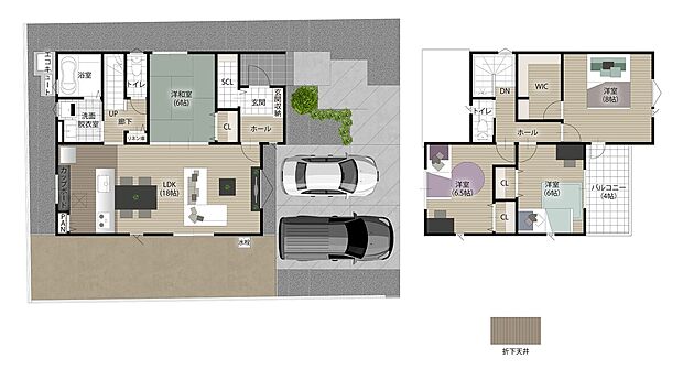 【4LDK】【1号地/子育てファミリーに優しい家】
水回りを集約し、家事も育児もスムーズに行える間取りプラン♪お子様の遊びスペースや来客のおもてなしに最適な広々6.0帖の洋和室を設けました♪
