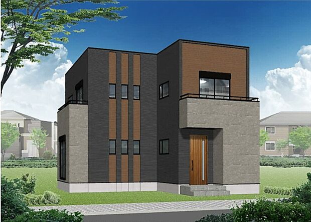 【2号地】（2号棟）完成予想図
タマホームのこだわりが詰まったダークトーンのシンプルモダンな外観です。バランスよく配された縦窓が外観のアクセントに。