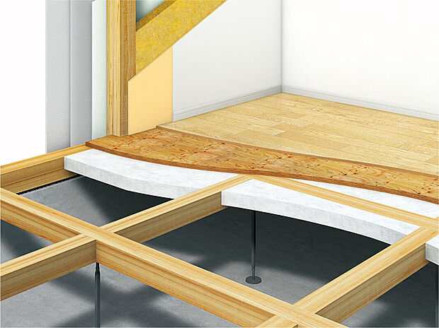 【剛床工法】1階と2階の床には、剛床工法を採用。構造用合板を土台や梁に直接留めつけて、床全体を一体化。地震の横揺れにも効果を発揮します。