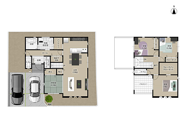 【4LDK】キッチンからパントリー・洗面脱衣室・浴室までつながる作業導線のよい間取りで家事がはかどります!シューズクロークと全居間収納でスッキリと片付いた空間で心地よくお住まいいただけます♪