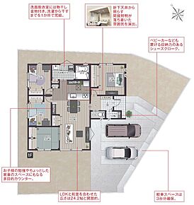 家の中心にキッチンを配置したコミュニケーションを取りやすい平屋ならではの仕様。水回りを週s注させて機能的な動線も魅力の家。 