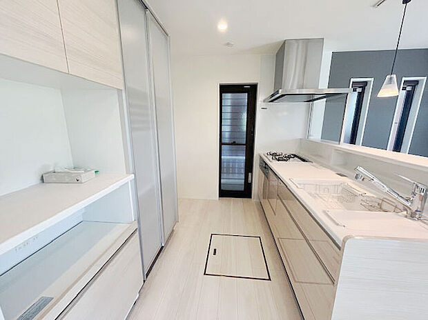 【タカラ製マルチ対面システムキッチン】ビルトイン食器洗い乾燥機、浄水器内蔵シャワー水栓、背面家電食器収納付