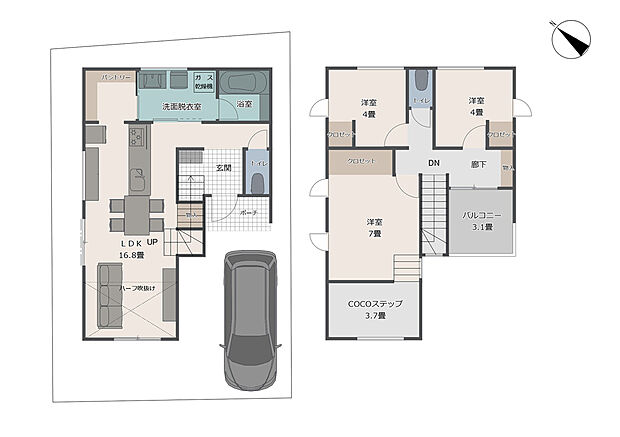 【No.11 参考プラン】建物価格/2,230万円(税別)|建物面積/86.52m2 ※水道加入金・ガス配管工事、別途。外構費は建物価格に含まれておりません。 水まわり+パントリー集約で家事効率アップ。洗面室・脱衣室・浴室・パントリーを近接配置し、洗濯・収納・調理の移動距離を抑えた家事効率の良い間取りです。※掲載のプランは一例です。複数のプランからお選びいただけます。