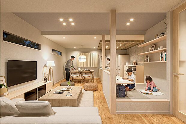 【【COCOYUNO 川越市志多町】】モデル棟完成予想パース:LDK全体を見渡せるキッチンでお子様が遊ぶ様子を見守れます^^