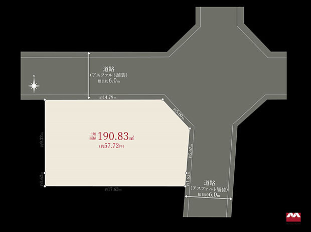北東の角地。接面道路の幅員が、北側・東側ともに約6.0mと十分なため、駐車がスムーズです。大きめの車をお持ちの方や、運転が苦手な方でも安心です。また、6m道路が整備されており、整備された街並みです。