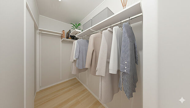 【回遊型ウォークインクローゼット】玄関ホール、洗面室とつながるウォークインクローゼットです。※パースは実際と異なる場合がございます。雑貨は価格に含まれておりません。