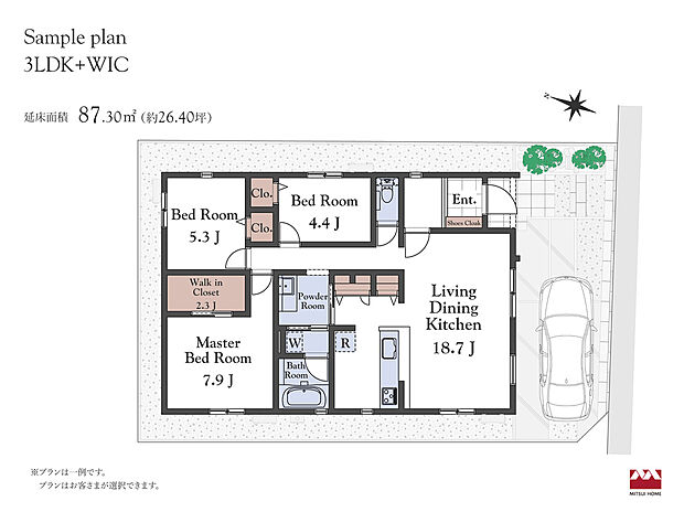 【建物プラン例(A区画(平屋建物プラン例))】3LDK+WIC、土地価格4610万円、土地面積152.35m2、建物価格約2700万円、建物面積87.30m2