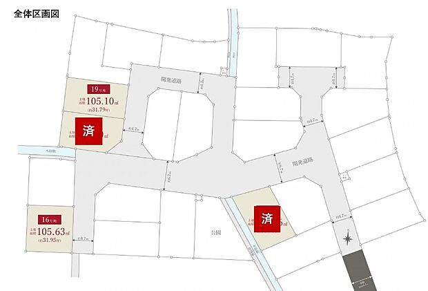 【全体区画図】第1種低層住居専用地域に位置し、低層住宅を中心とした穏やかな街並みが広がります。落ち着いた環境で、ゆったりとした暮らしを楽しめます。