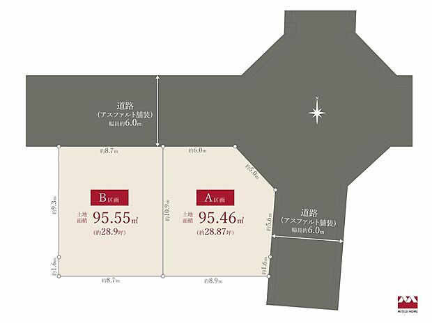 【全体区画図】★A区画:95.46m2/1650万円 ★B区画:95.55m2/1550万円