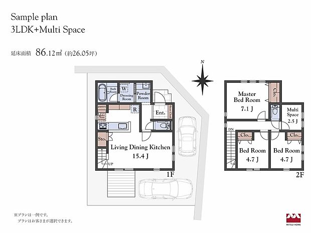【3LDK+Multi Space】建物価格:2638万円(税込)建物面積:86.12m2※付帯工事費(屋外設備費・外構費等)と設計料にて別途550万円が必要です ※本建物金額はMOCX GARDEN仕様の金額です。《15.4帖のプラン例(1)明るいLDKに加え、趣味や仕事に使えるマルチスペースを完備。洗面室と脱衣室の分離や豊富な収納、並列2台駐車など、限られた空間に「欲しい」を凝縮した、機能的でゆとりある住まいです。》